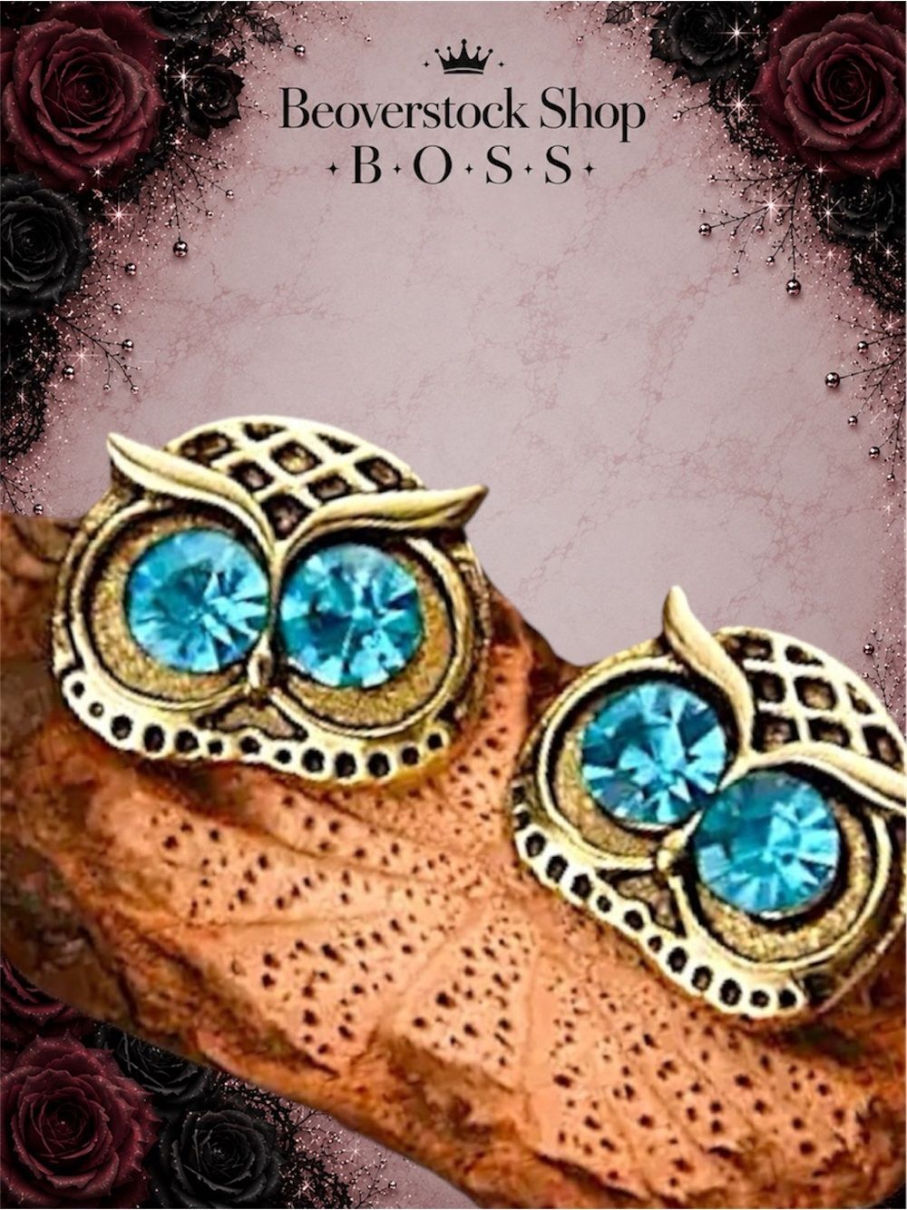 💝 New Blue Rhinestone Whimsical Owl Head Earrings Gold Tone Alloy Stud Earring